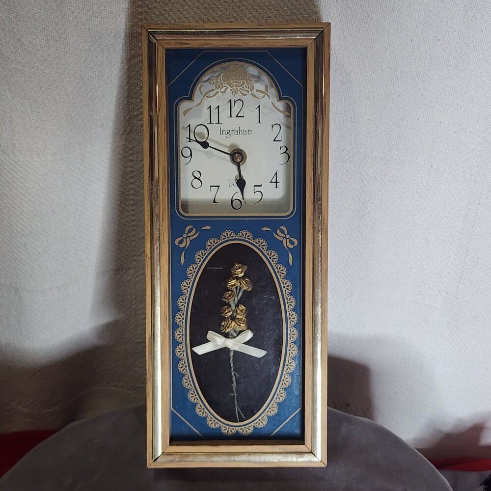 Ingraham USA Vintage Blue Gold Rose Etched Glass Quartz Analog Mantle Wall Clock